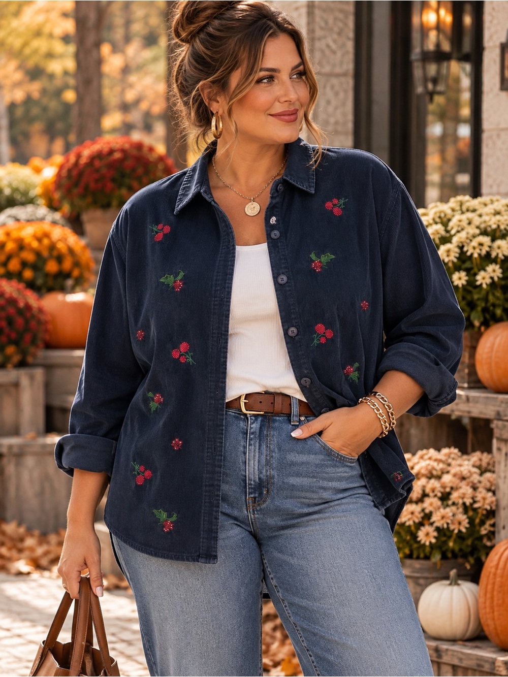 Embroidered Navy Button-Down Corduroy Shirt - Raspberry Detail